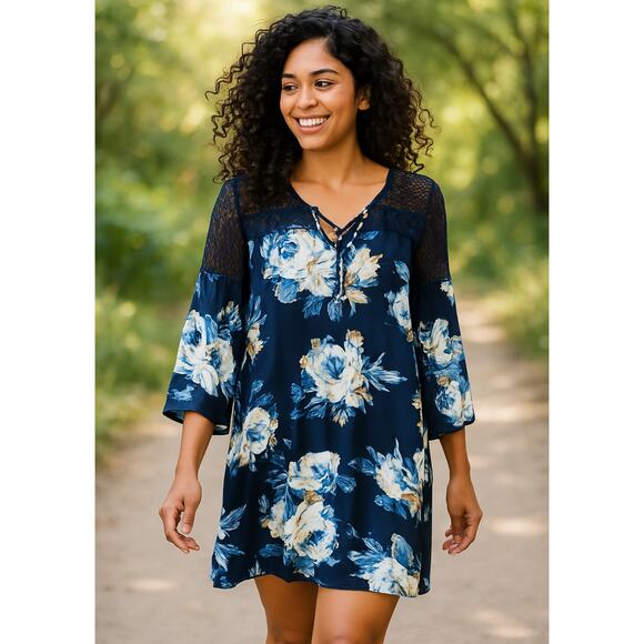 Luxology Dresses & Skirts - Luxology Floral Crochet Bell Sleeve Blue Midi Dress Size 8